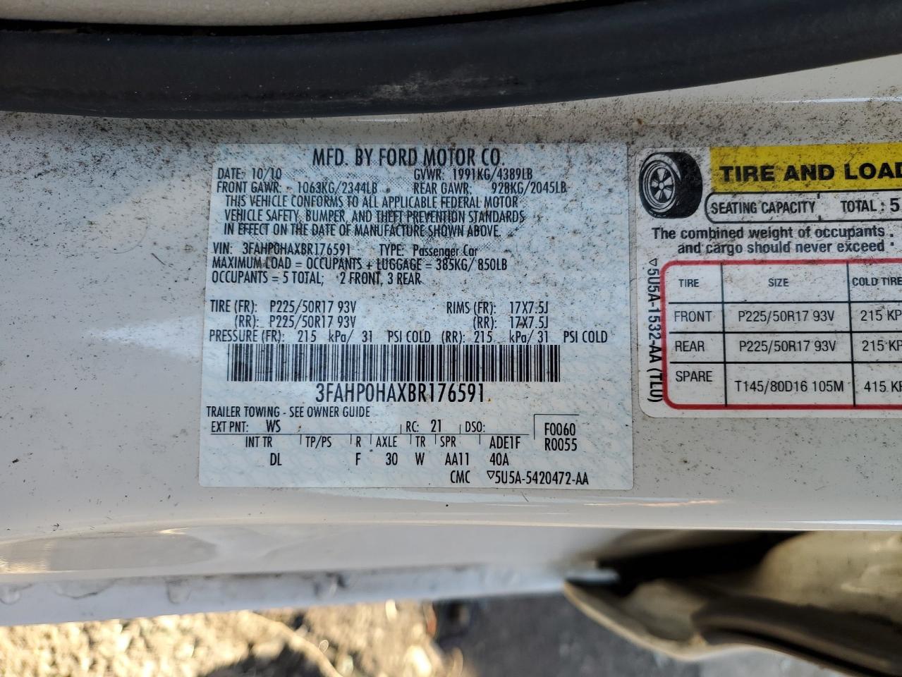 2011 Ford Fusion VIN 3FAHP0HAXBR176591 Copart auction photo, front end damage thumbnail 15