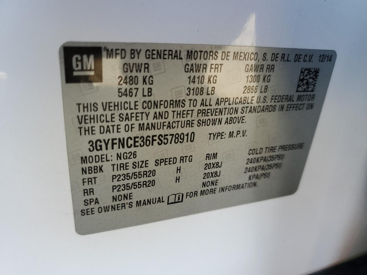2015 Cadillac SRX VIN 3GYFNCE36FS578910 Copart auction photo, front end damage thumbnail 14