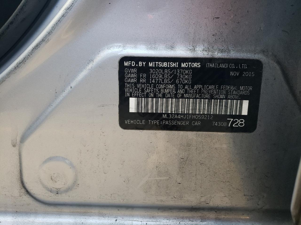 2015 Mitsubishi Mirage VIN ML32A4HJ1FH059212 Copart auction photo, front end damage thumbnail 12