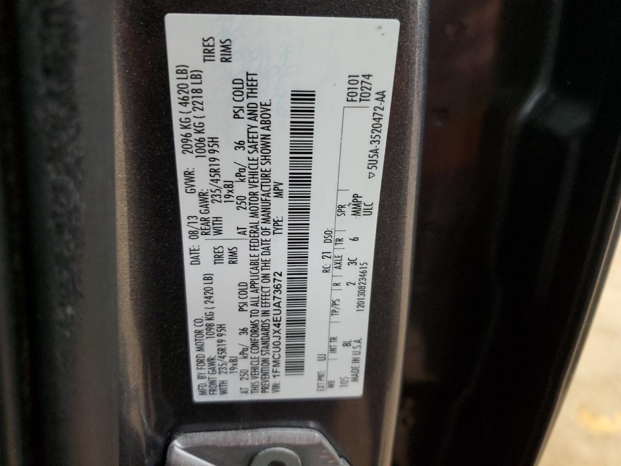 2014 Ford Escape VIN 1FMCU0JX4EUA73672 Copart auction photo, rear end damage thumbnail 15