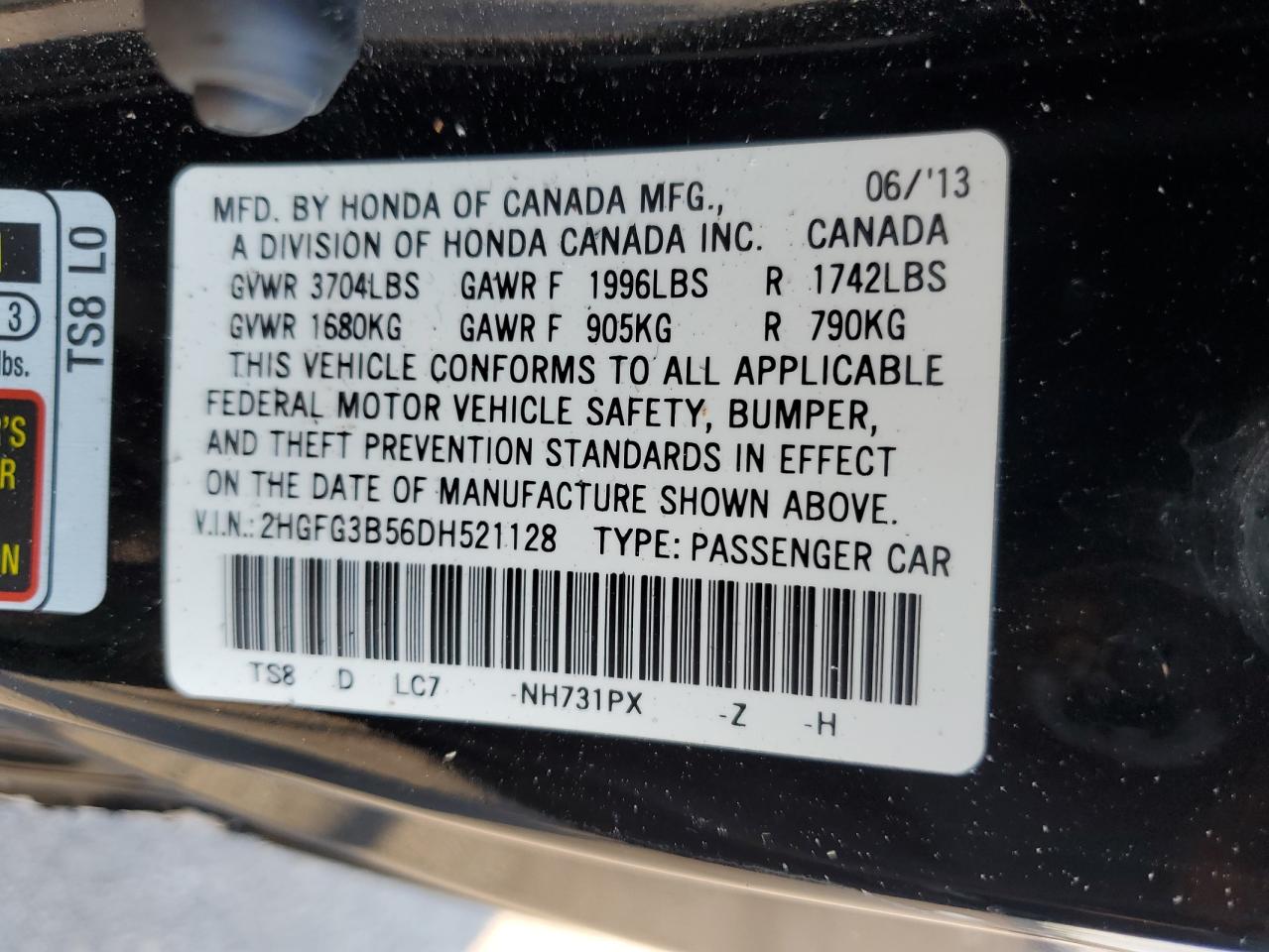 2013 Honda Civic VIN 2HGFG3B56DH521128 Copart auction photo, side / minor dent/scratches damage thumbnail 12
