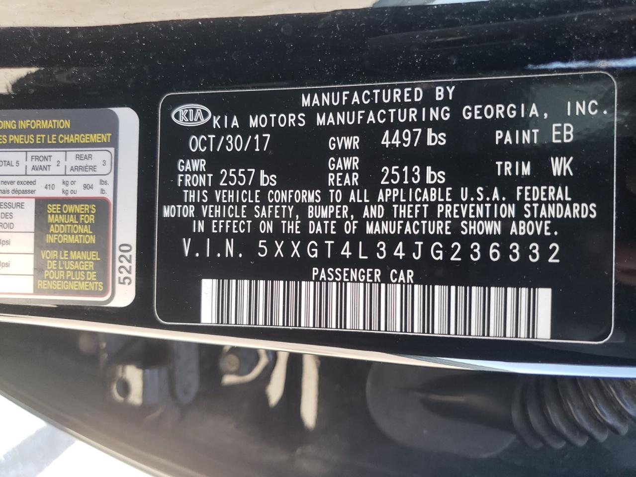 2018 KIA Optima VIN 5XXGT4L34JG236332 Copart auction photo, front end damage thumbnail 14