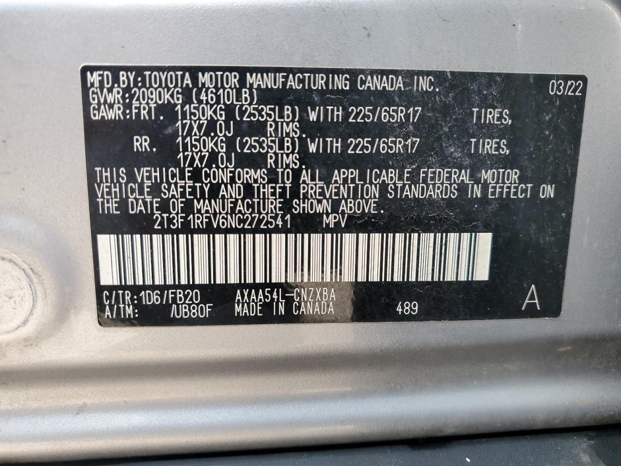 2022 Toyota RAV 4 VIN 2T3F1RFV6NC272541 Copart auction photo, front end damage thumbnail 13