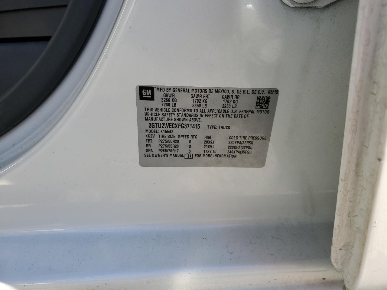 2015 GMC Sierra VIN 3GTU2WECXFG371415 Copart auction photo, all over damage thumbnail 12