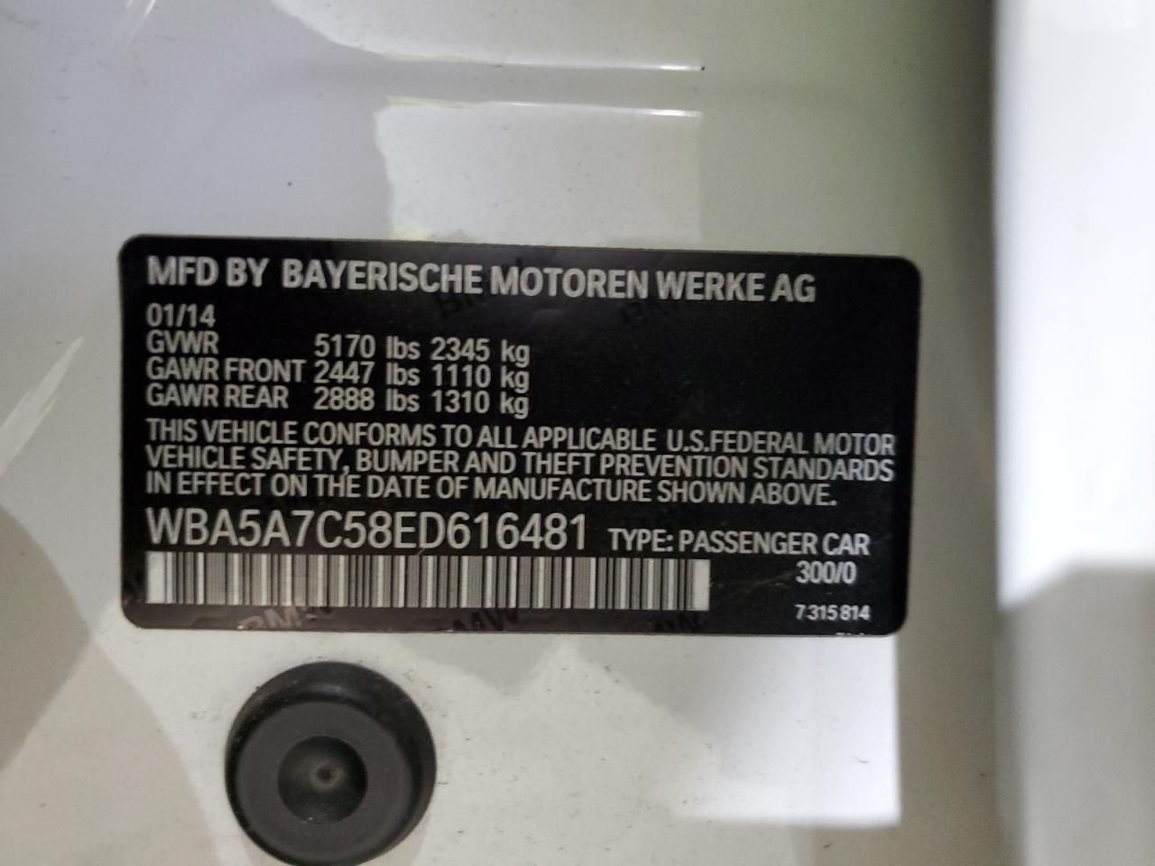 2014 BMW 5er VIN WBA5A7C58ED616481 Copart auction photo, minor dent/scratches damage thumbnail 12