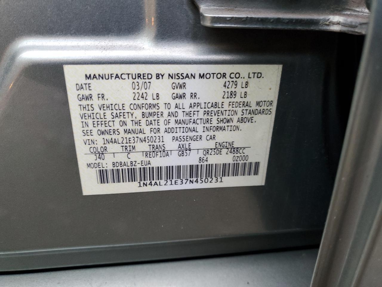 2007 Nissan Altima VIN 1N4AL21E37N450231 Copart auction photo, front end damage thumbnail 14