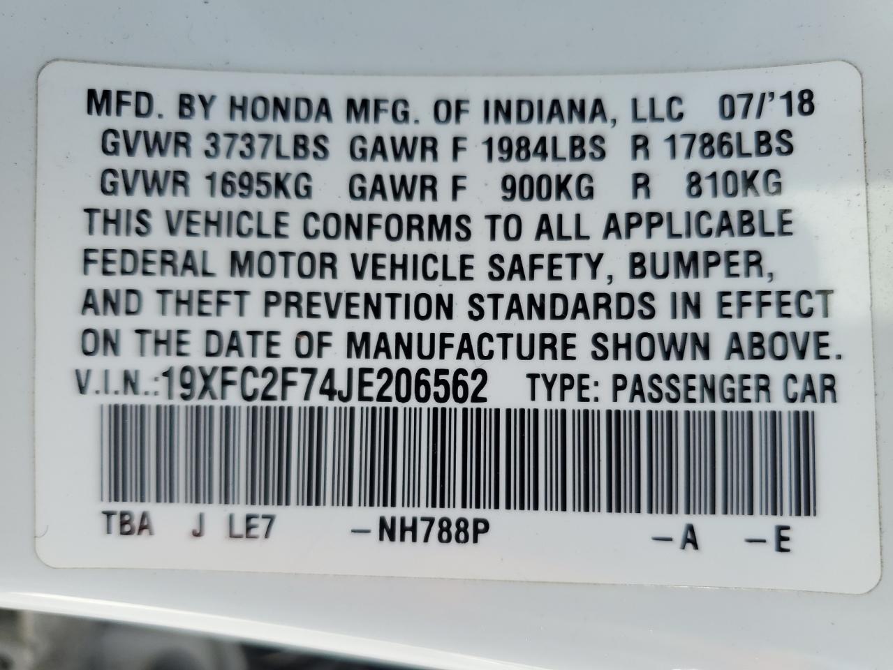 2018 Honda Civic VIN 19XFC2F74JE206562 Copart auction photo, rear end / front end damage thumbnail 14