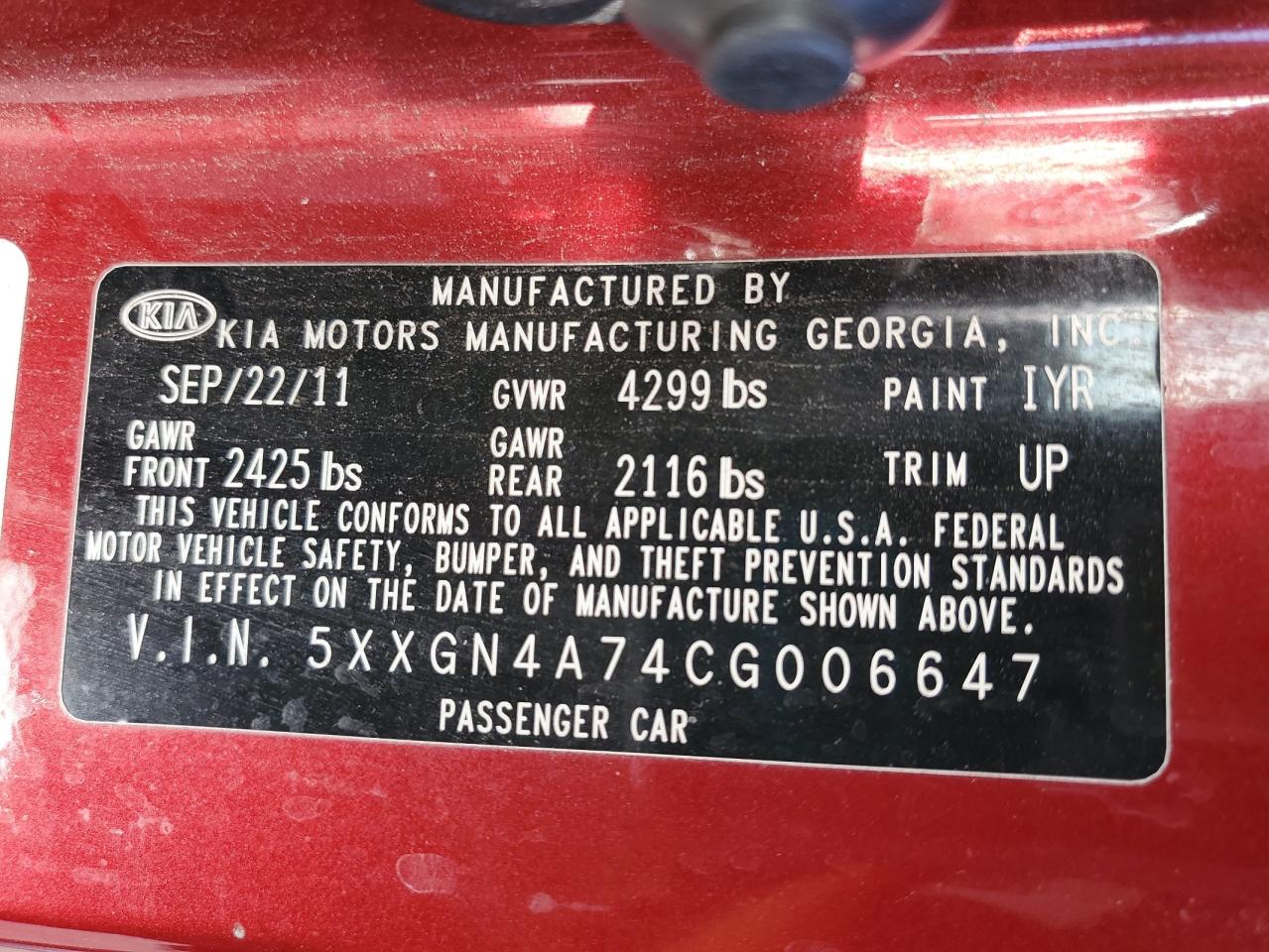 2012 KIA Optima VIN 5XXGN4A74CG006647 Copart auction photo, side / front end damage thumbnail 12