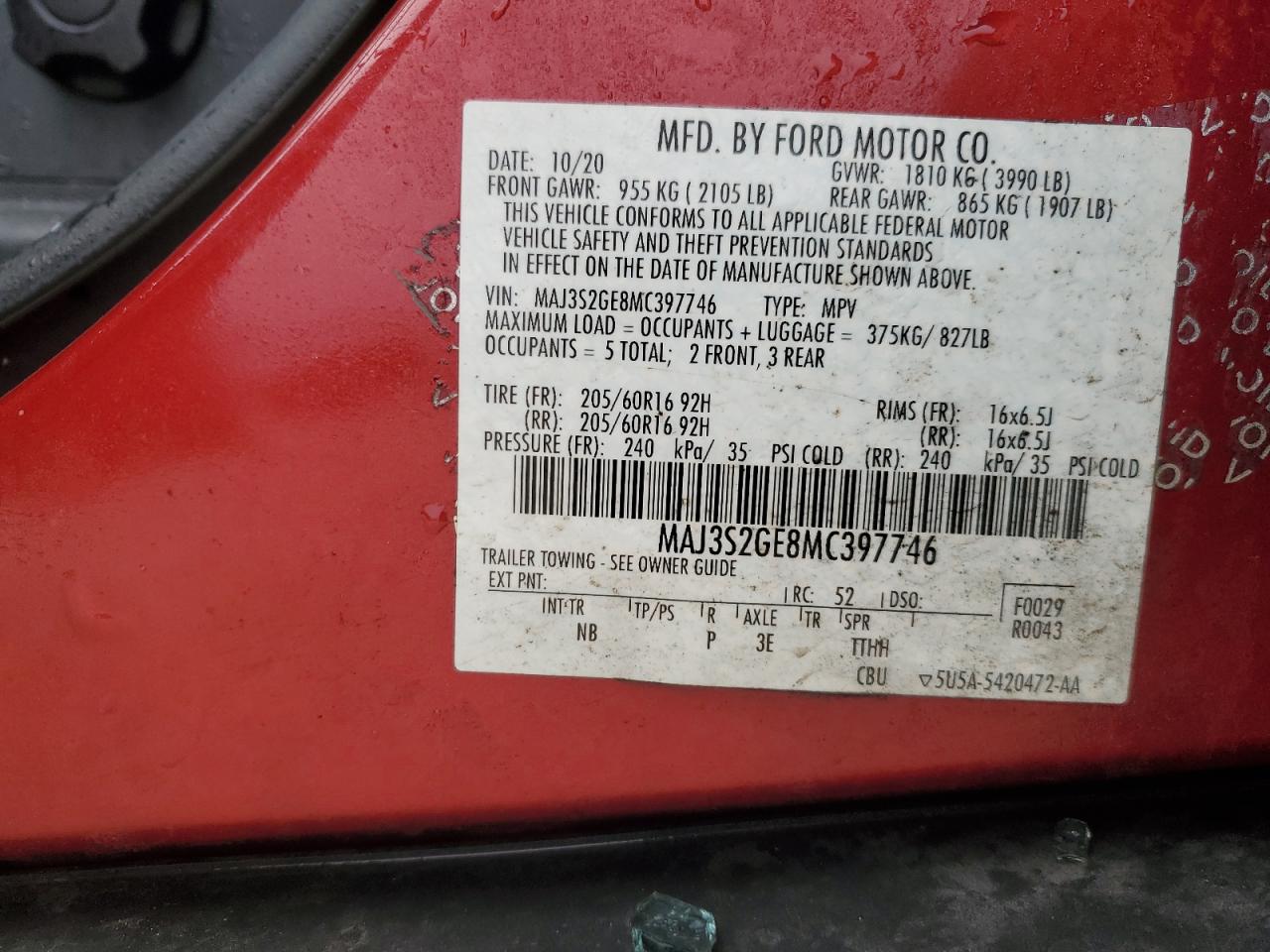 2021 Ford EcoSport VIN MAJ3S2GE8MC397746 Copart auction photo, rear end / side damage thumbnail 13
