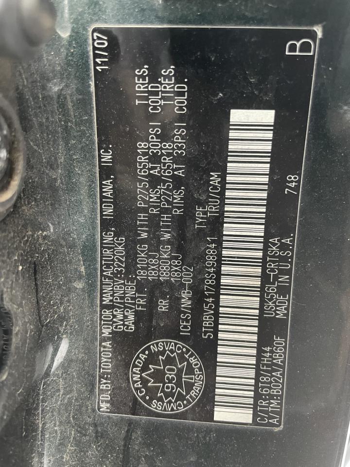 2008 Toyota Tundra VIN 5TBBV54178S498841 Copart auction photo, side damage thumbnail 9