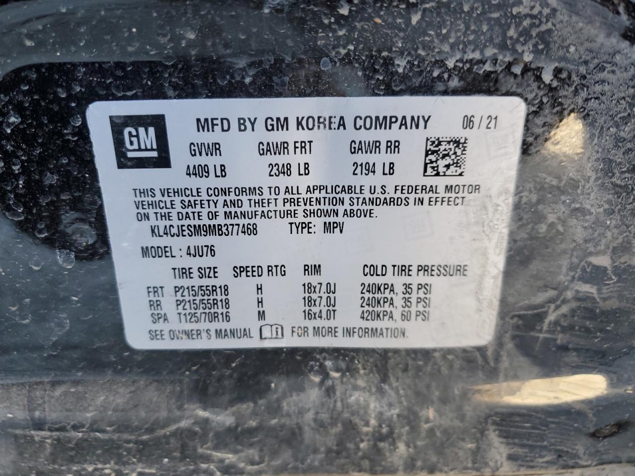 2021 Buick Encore VIN KL4CJESM9MB377468 Copart auction photo, side / rear end damage thumbnail 14