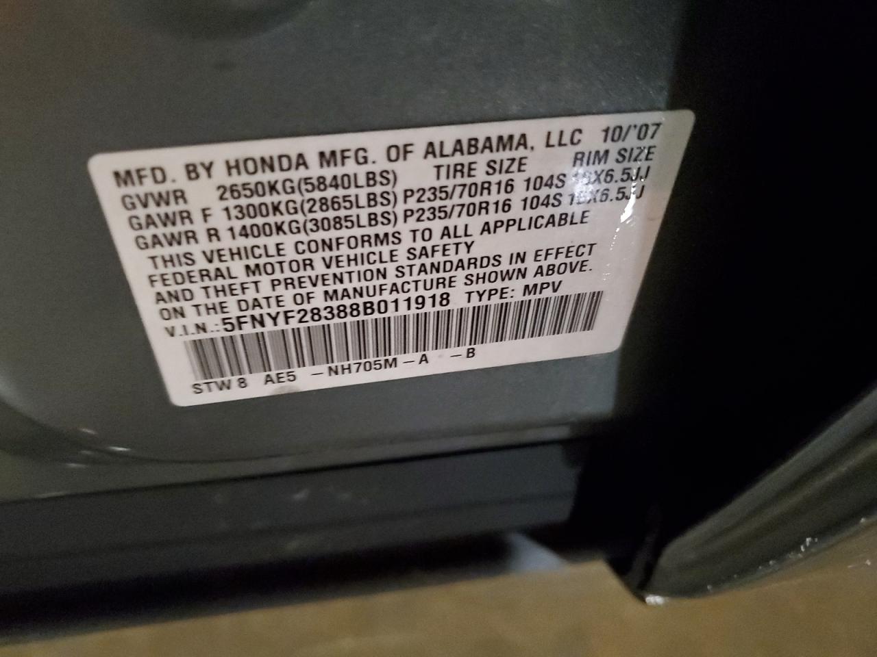 2008 Honda Pilot VIN 5FNYF28388B011918 Copart auction photo, minor dent/scratches damage thumbnail 13