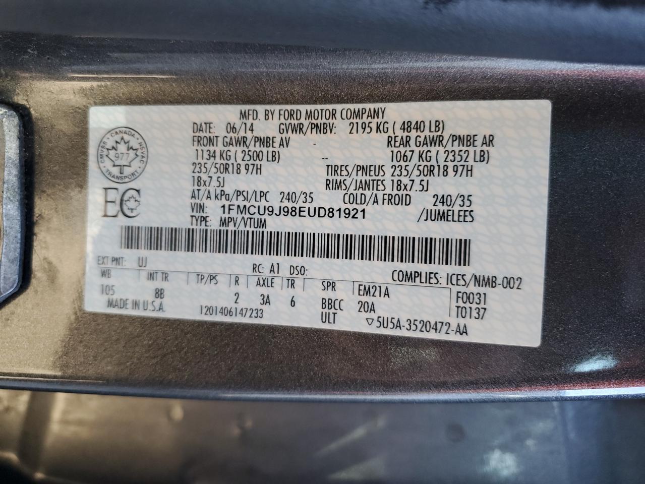 2014 Ford Escape VIN 1FMCU9J98EUD81921 Copart auction photo, front end damage thumbnail 14