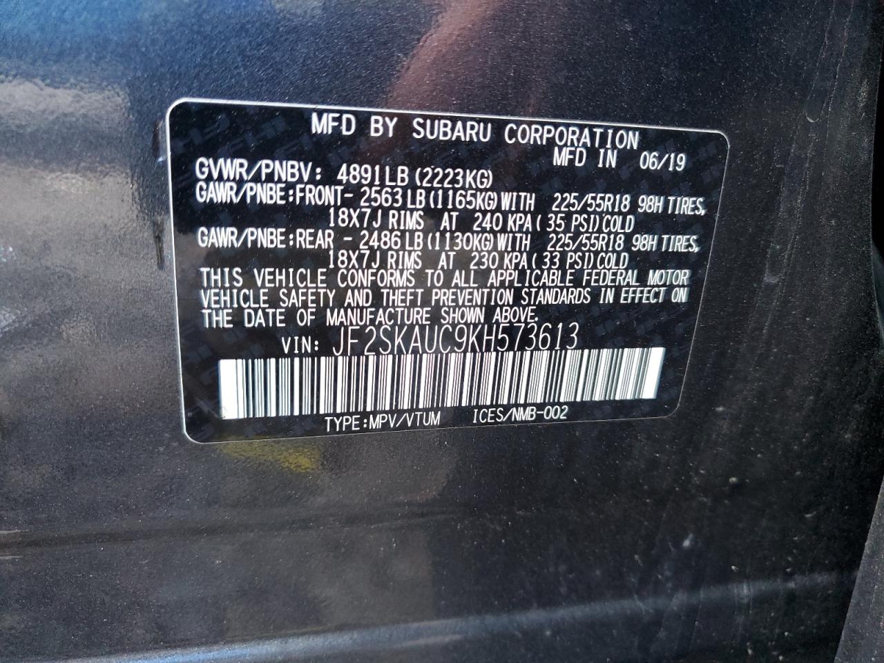 2019 Subaru Forester VIN JF2SKAUC9KH573613 Copart auction photo, front end / minor dent/scratches damage thumbnail 12