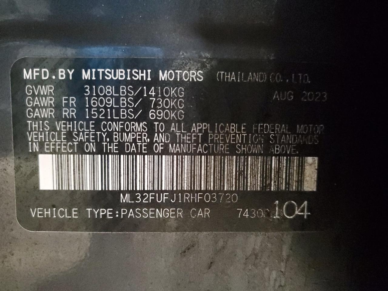 2024 Mitsubishi Mirage VIN ML32FUFJ1RHF03720 Copart auction photo, front end damage thumbnail 13
