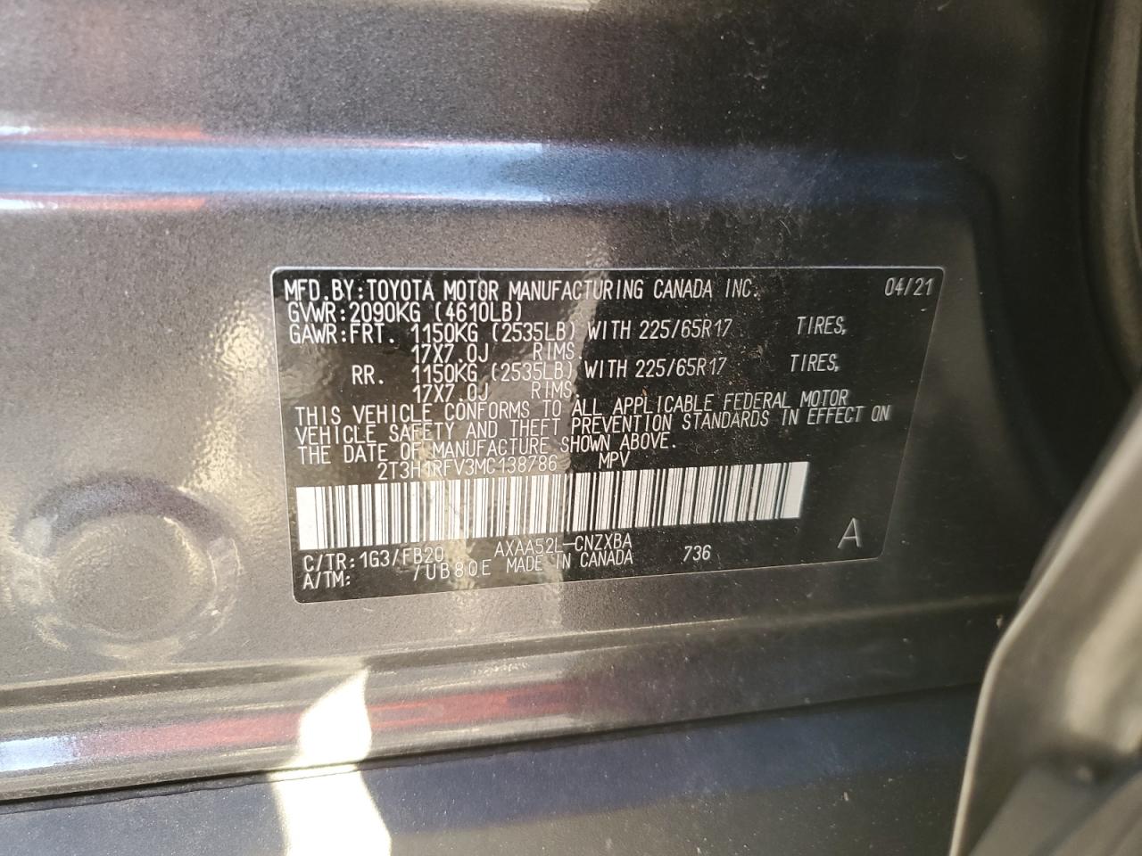 2021 Toyota RAV 4 VIN 2T3H1RFV3MC138786 Copart auction photo, side / minor dent/scratches damage thumbnail 13