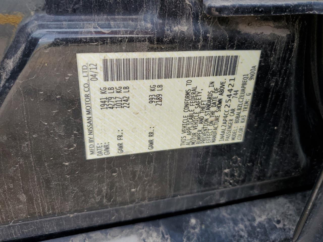 2012 Nissan Altima VIN 1N4AL2AP4CC254421 Copart auction photo, all over damage thumbnail 15