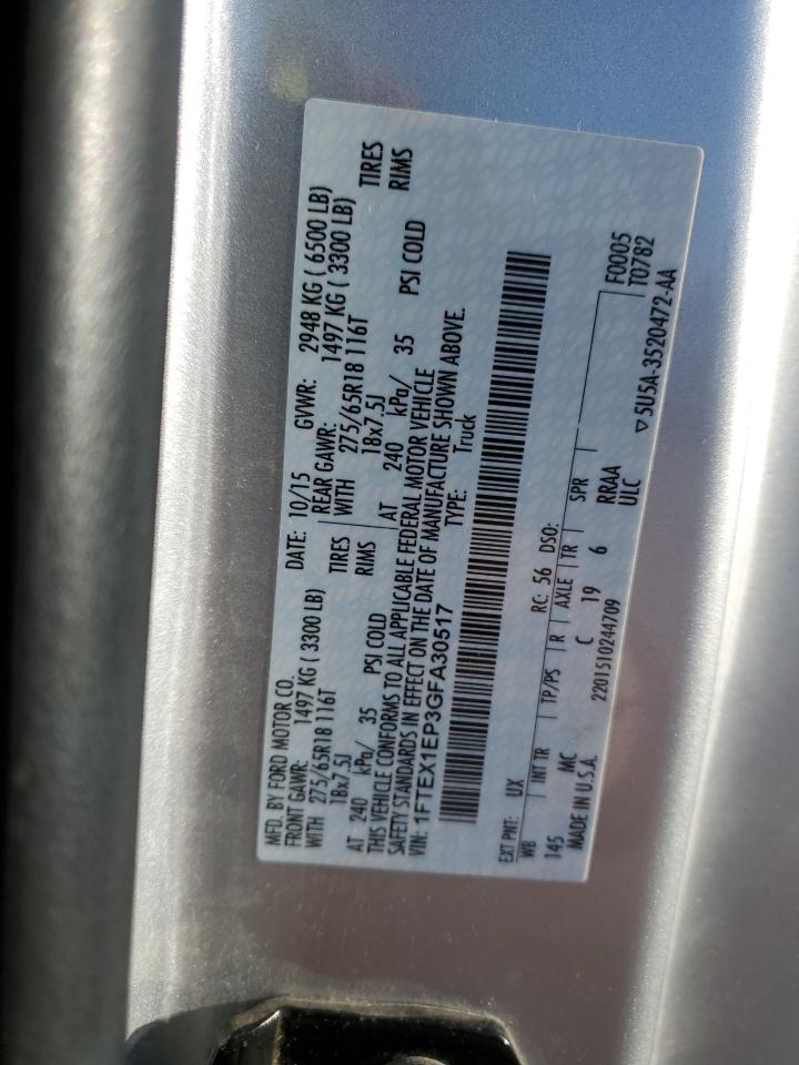2016 Ford F-150 VIN 1FTEX1EP3GFA30517 Copart auction photo, hail / front end damage thumbnail 15