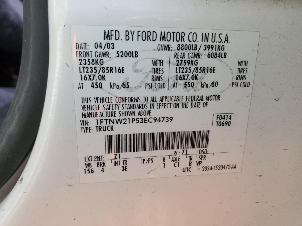 2003 Ford F250 VIN 1FTNW21P53EC94739 Copart auction photo, mechanical / vandalism damage thumbnail 12