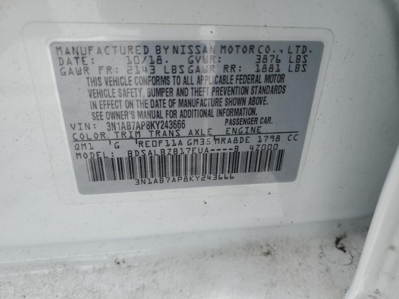 2019 Nissan Sentra VIN 3N1AB7AP8KY243666 Copart auction photo, front end damage thumbnail 14