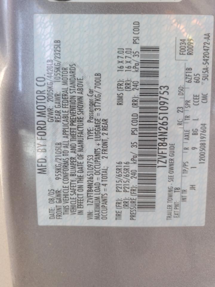 2006 Ford Mustang VIN 1ZVFT84N265109753 Copart auction photo, front end damage thumbnail 14