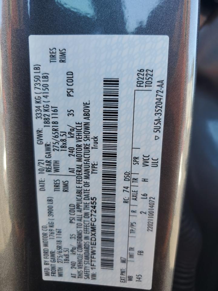 2021 Ford F-150 VIN 1FTFW1EDXMFC72455 Copart auction photo, side / undercarriage damage thumbnail 12