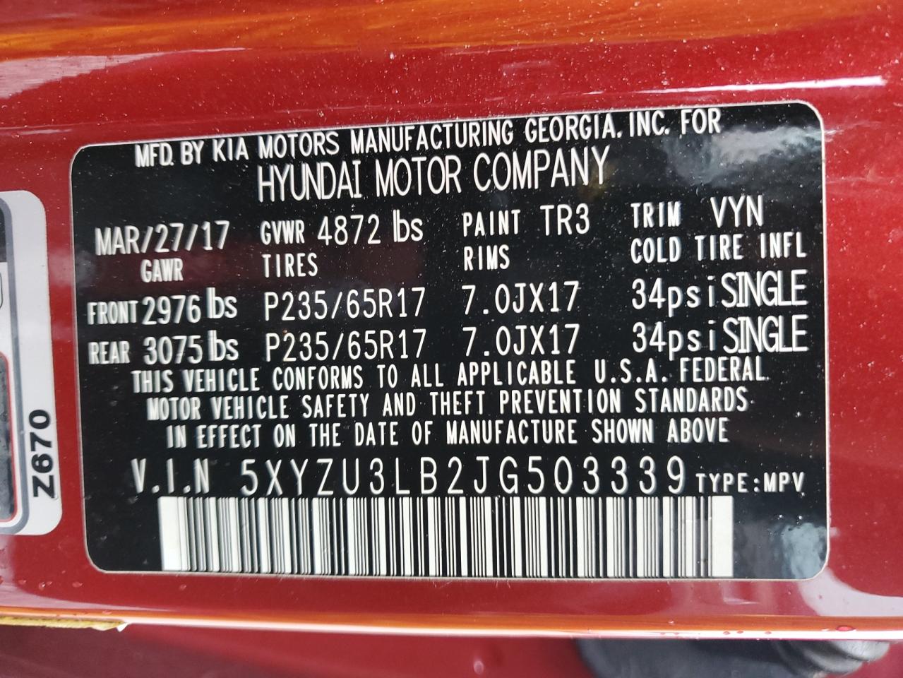 2018 Hyundai Santa Fe VIN 5XYZU3LB2JG503339 Copart auction photo, front end damage thumbnail 14