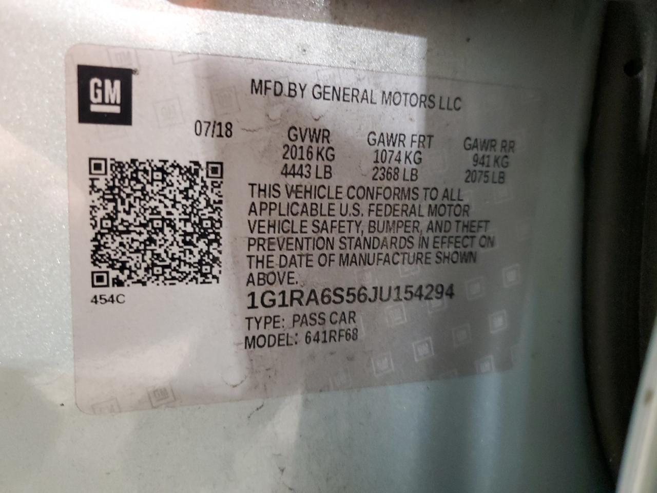 2018 Chevrolet Volt VIN 1G1RA6S56JU154294 Copart auction photo, front end damage thumbnail 12