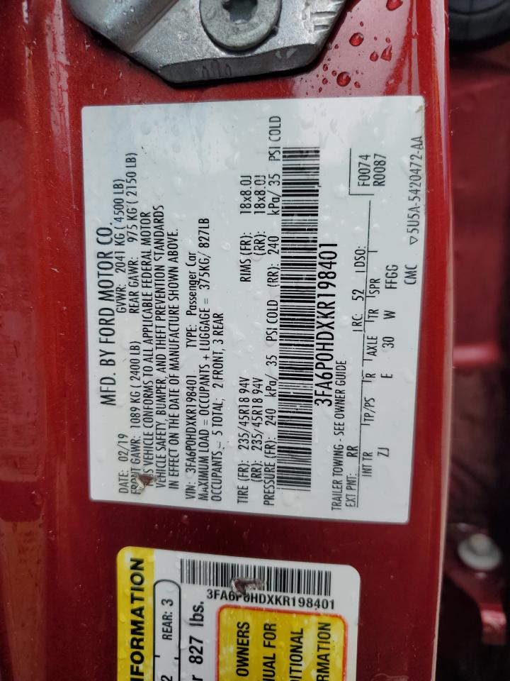 2019 Ford Fusion VIN 3FA6P0HDXKR198401 Copart auction photo, side damage thumbnail 12