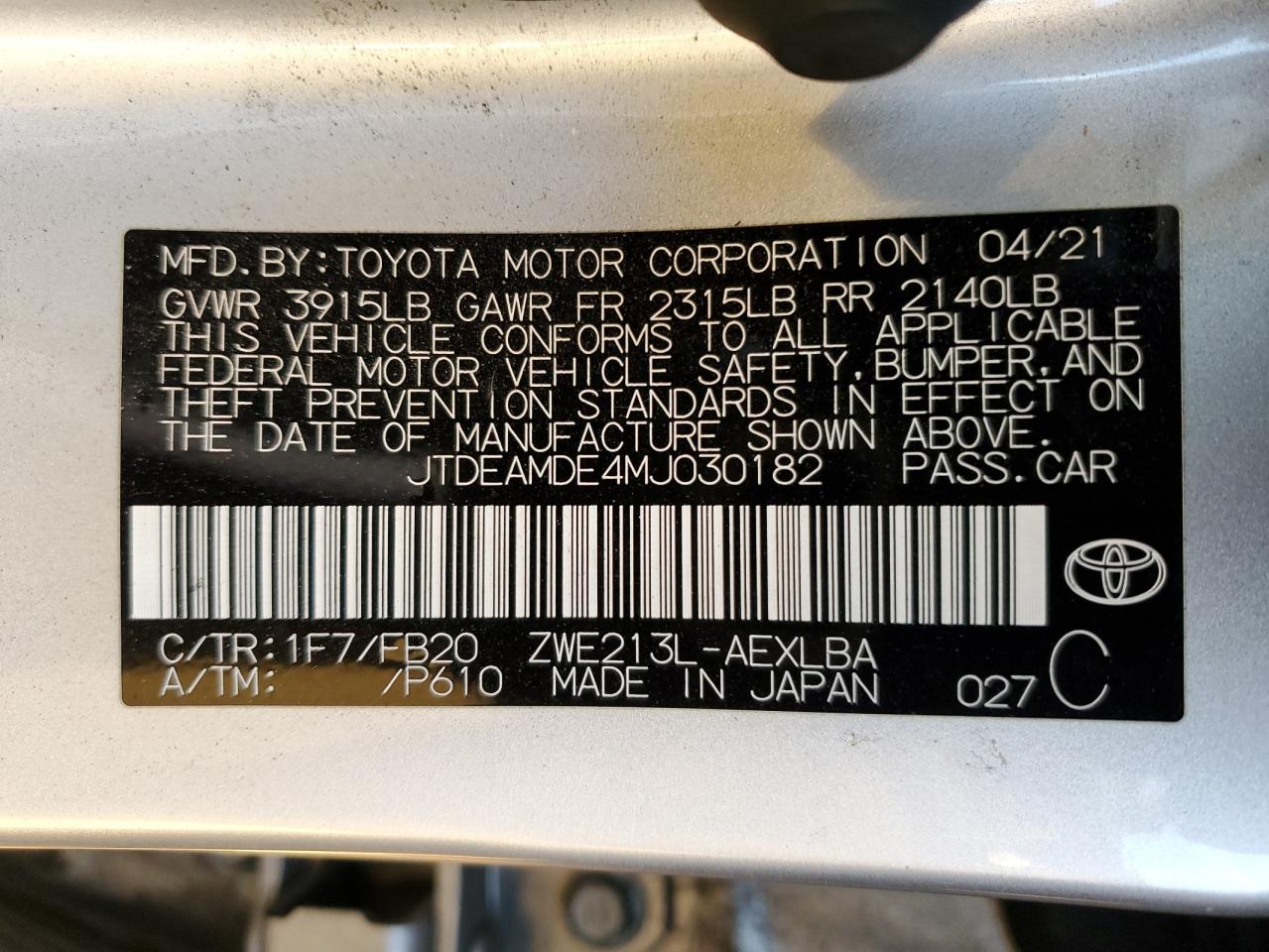 2021 Toyota Corolla VIN JTDEAMDE4MJ030182 Copart auction photo, front end / side damage thumbnail 13