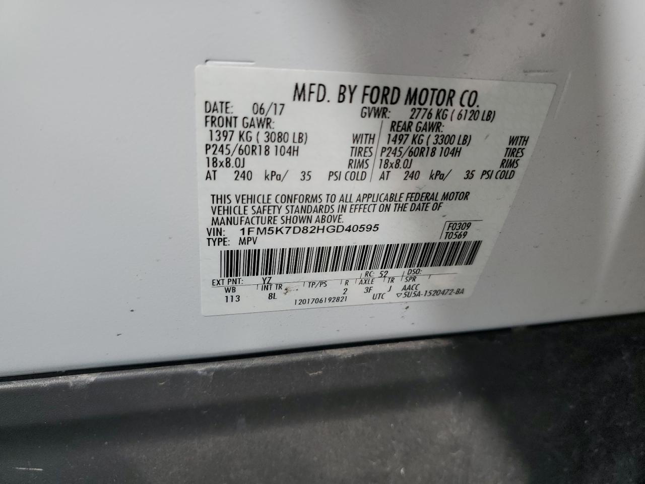2017 Ford Explorer VIN 1FM5K7D82HGD40595 Copart auction photo, rear end / all over damage thumbnail 13