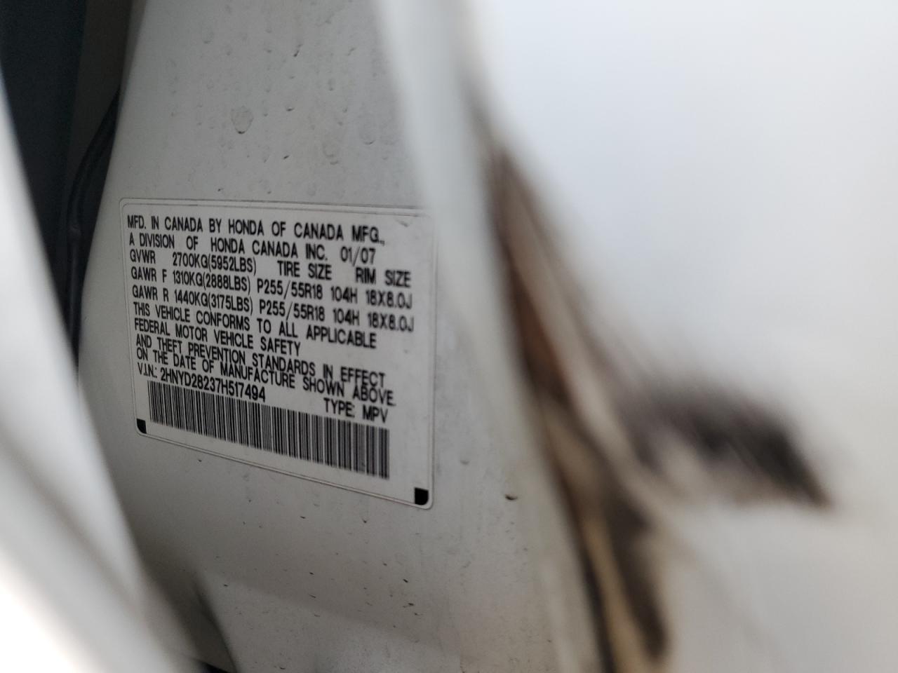 2007 Acura MDX VIN 2HNYD28237H517494 Copart auction photo, all over damage thumbnail 13