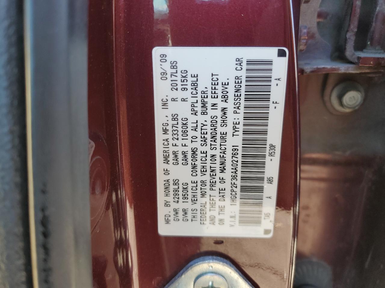 2010 Honda Accord VIN 1HGCP2F36AA027691 Copart auction photo, side damage thumbnail 12