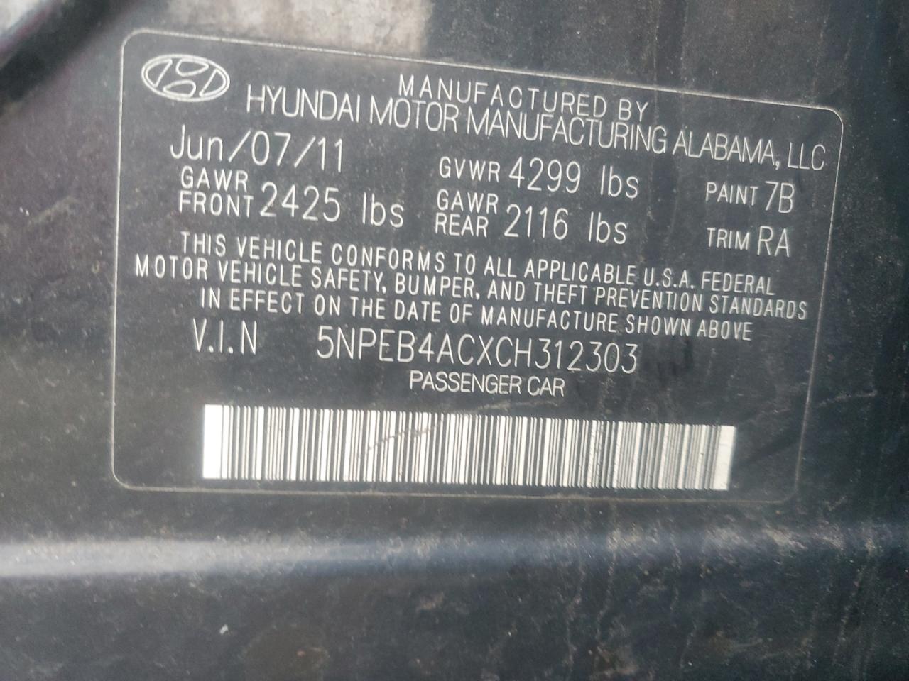 2012 Hyundai Sonata VIN 5NPEB4ACXCH312303 Copart auction photo, front end / side damage thumbnail 13