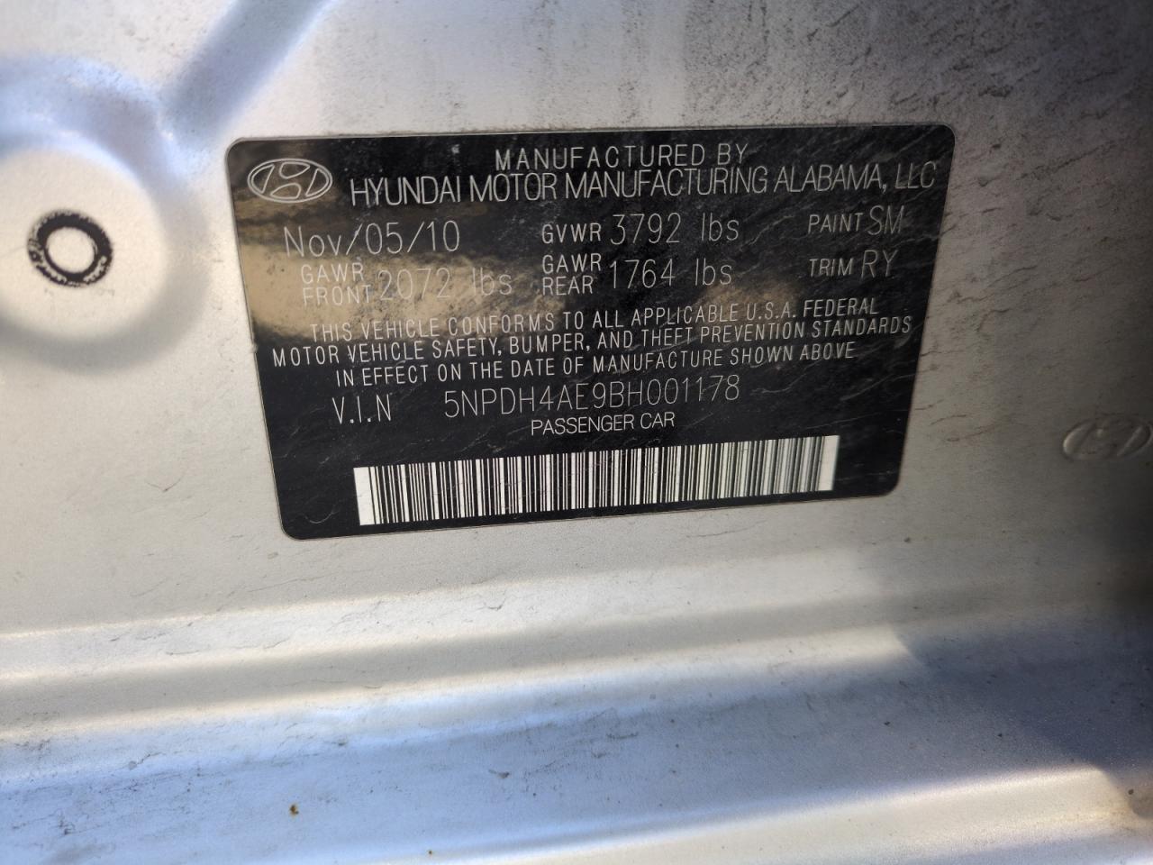 2011 Hyundai Elantra VIN 5NPDH4AE9BH001178 Copart auction photo, minor dent/scratches damage thumbnail 12