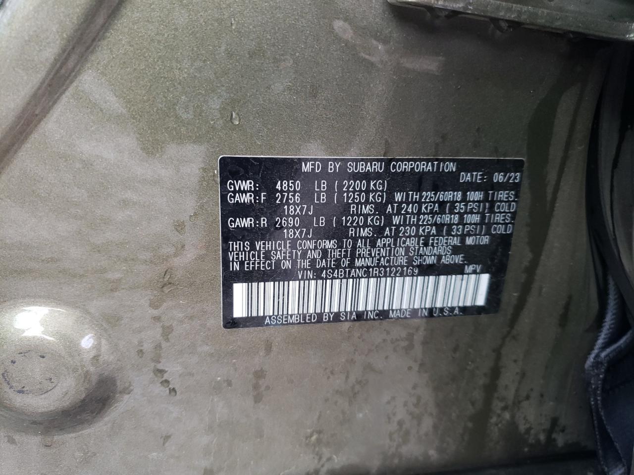 2024 Subaru Outback VIN 4S4BTANC1R3122169 Copart auction photo, side damage thumbnail 12