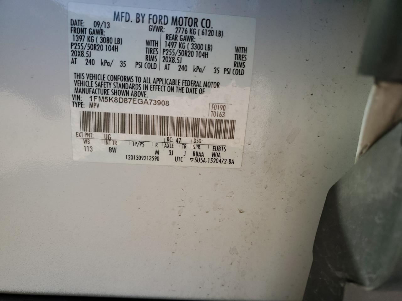 2014 Ford Explorer VIN 1FM5K8D87EGA73908 Copart auction photo, side / undercarriage damage thumbnail 13