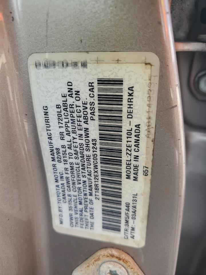 1998 Toyota Corolla VIN 2T1BR12EXWC051243 Copart auction photo, front end damage thumbnail 12