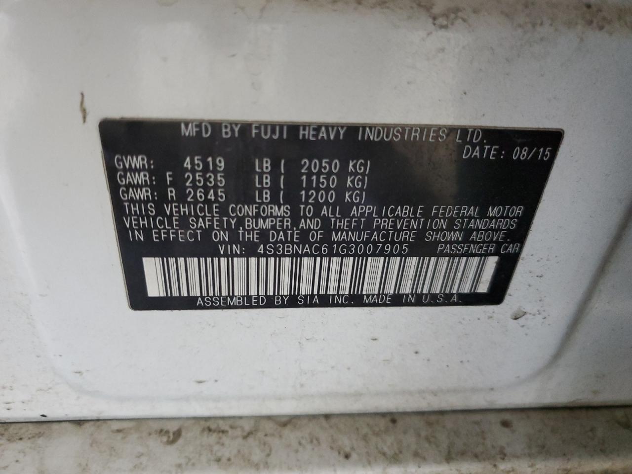 2016 Subaru Legacy VIN 4S3BNAC61G3007905 Copart auction photo, front end damage thumbnail 15