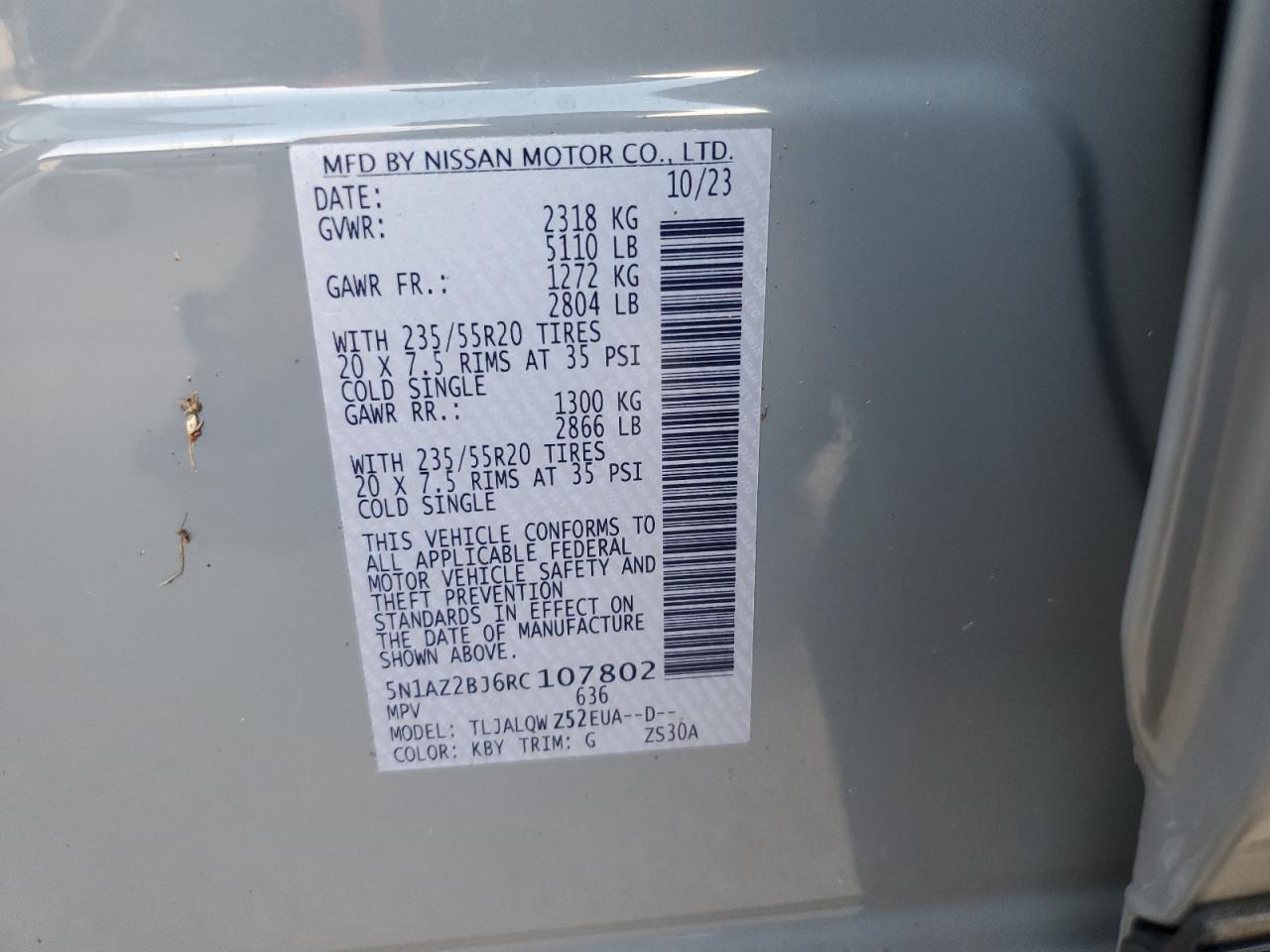 2024 Nissan Murano VIN 5N1AZ2BJ6RC107802 Copart auction photo, water/flood damage thumbnail 14