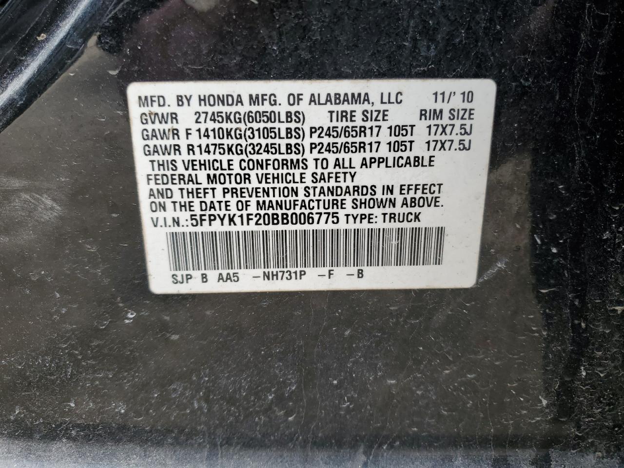 2011 Honda Ridgeline VIN 5FPYK1F20BB006775 Copart auction photo, rear end damage thumbnail 14
