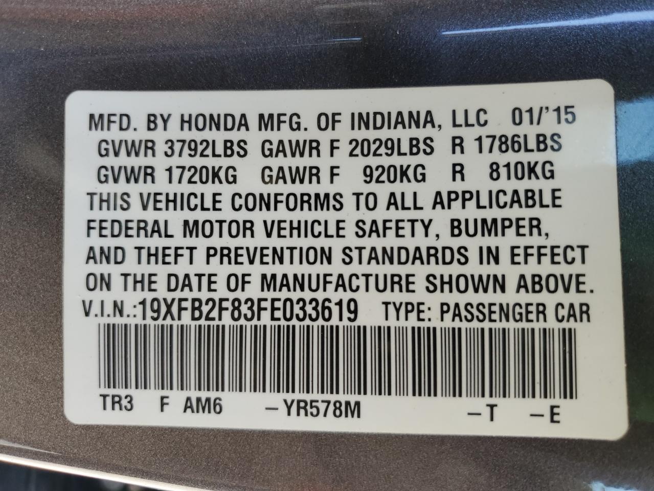 2015 Honda Civic VIN 19XFB2F83FE033619 Copart auction photo, minor dent/scratches damage thumbnail 13