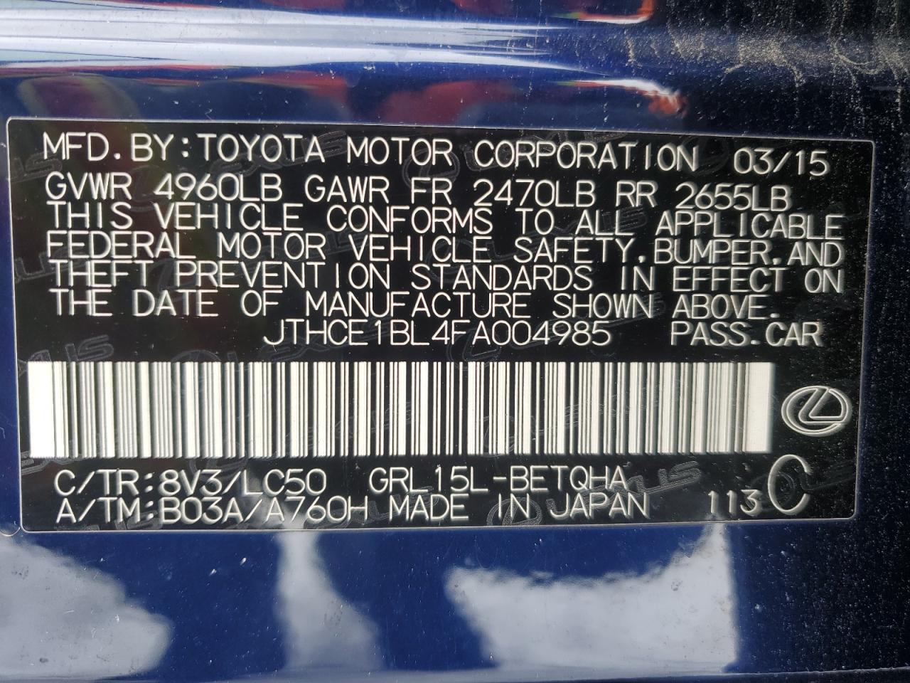 2015 Lexus GS VIN JTHCE1BL4FA004985 Copart auction photo, all over damage thumbnail 12