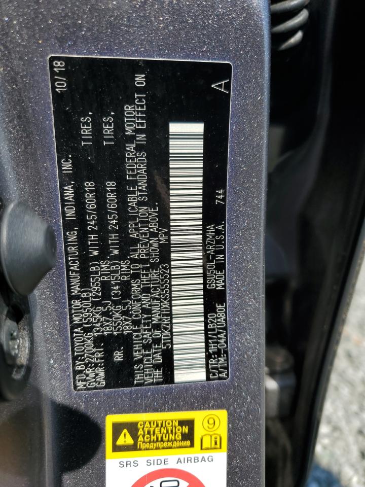 2019 Toyota Highlander VIN 5TDKZRFHXKS555523 Copart auction photo, top/roof damage thumbnail 12