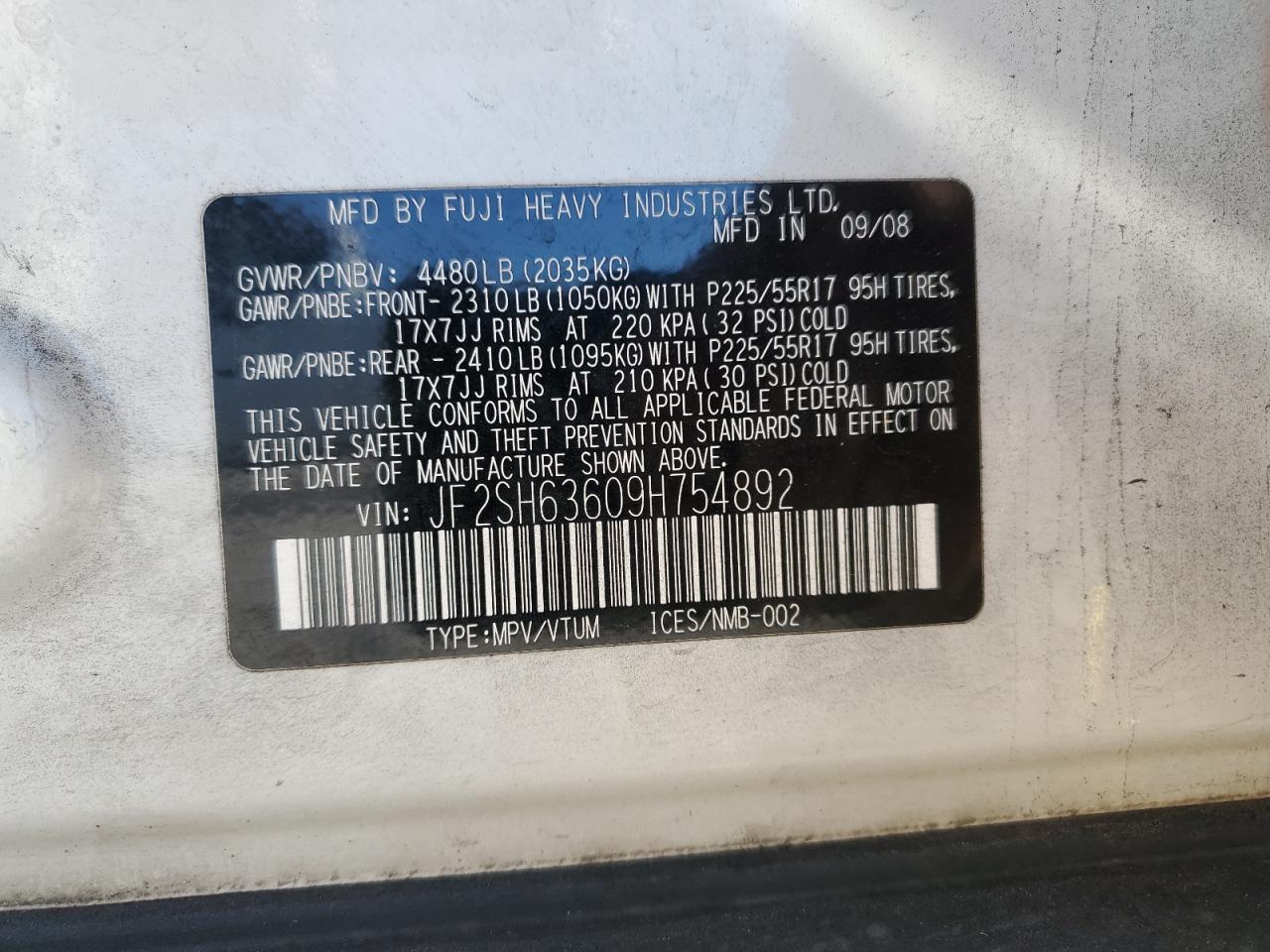 2009 Subaru Forester VIN JF2SH63609H754892 Copart auction photo, rear end damage thumbnail 15