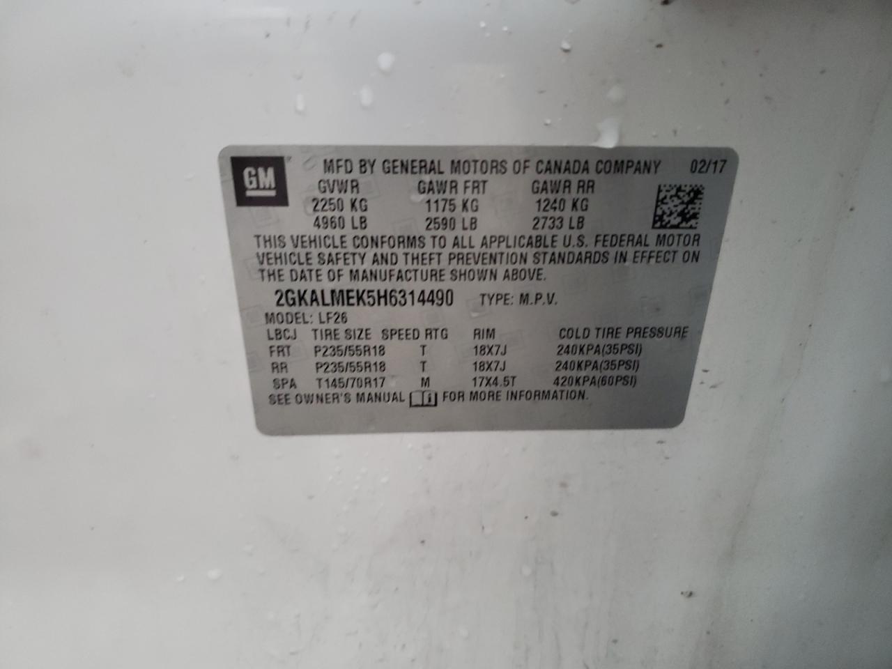 2017 GMC Terrain VIN 2GKALMEK5H6314490 Copart auction photo, front end damage thumbnail 13