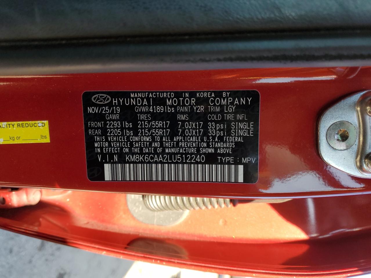 2020 Hyundai Kona VIN KM8K6CAA2LU512240 Copart auction photo, front end / side damage thumbnail 13