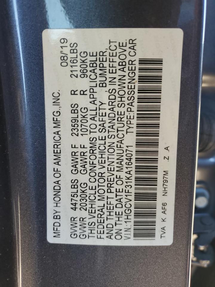 2019 Honda Accord VIN 1HGCV1F31KA164071 Copart auction photo, front end / rear end damage thumbnail 12