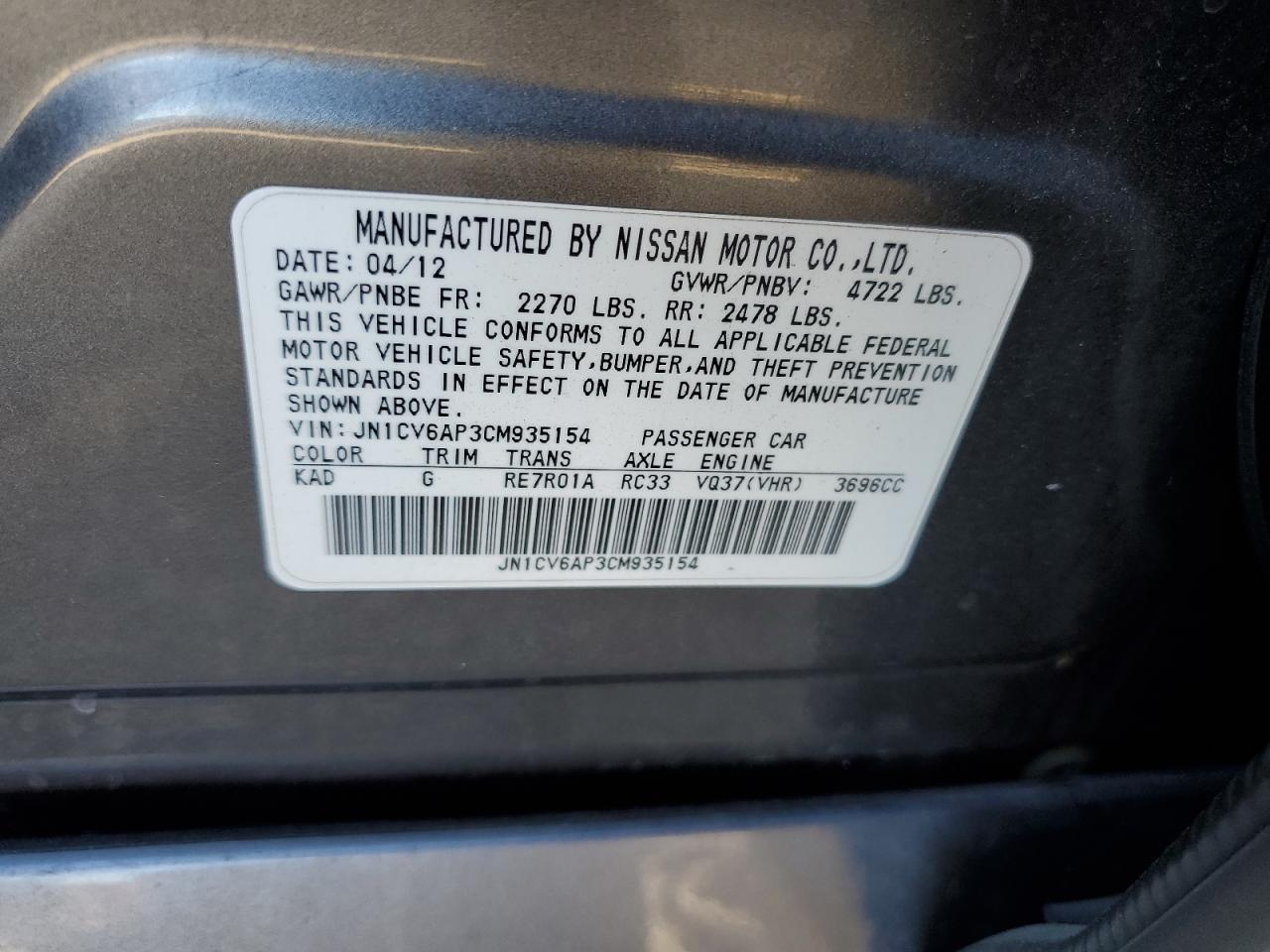 2012 Infiniti G VIN JN1CV6AP3CM935154 Copart auction photo, rear end / side damage thumbnail 12