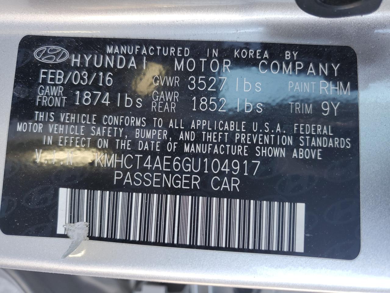 2016 Hyundai Accent VIN KMHCT4AE6GU104917 Copart auction photo, front end damage thumbnail 15